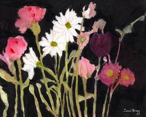 Floral com Margaridas, c. 2024 (carvão, aguarela, caseína e lápis sobre papel) de Janel Bragg