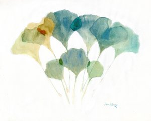 Folhas de ginkgo sobrepostas com cores suaves, c.2021 (aguarela e caseína sobre papel)
