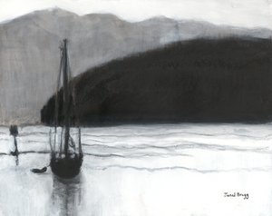 Sailboat in Anacortes Harbor, c.2021 (carvão, tinta e gesso sobre papel) de Janel Bragg
