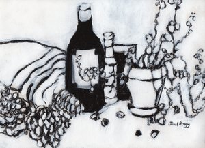 Natureza morta com azeite e pinhas, c.2017 (carvão e gesso sobre papel) de Janel Bragg