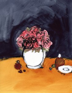 Natureza morta com rosas e frascos de perfume, c.2020 (tinta e aguarela sobre papel) de Janel Bragg