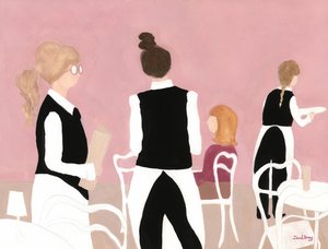 Empregadas do Café Sabarsky em cor-de-rosa e bege, c. 2024 (aguarela sobre papel) de Janel Bragg