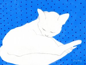 Gato branco sobre azul com bolinhas, c.2024 (aguarela e caseína sobre papel) de Janel Bragg