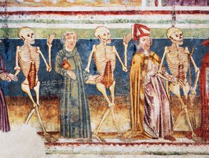 Hrastovlje igreja fortificada, Igreja da Trindade, Morte acompanhando bispo e monge, Dança da Morte (1490), detalhe de afrescos de Janez Iz Kastva, Eslovênia