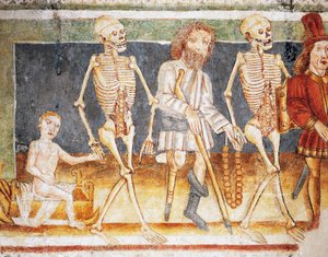 Igreja fortificada de Hrastovlje, Igreja da Trindade, Morte acompanhando crianças e pobres, Dança da Morte (1490), detalhe de afrescos de Janez Iz Kastva (1490), Eslovênia