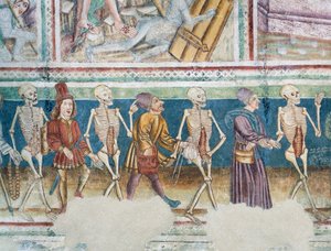 Igreja fortificada de Hrastovlje, Igreja da Trindade, Morte acompanhando comerciante e banqueiro rico, Dança da Morte (1490), detalhe de afrescos de Janez Iz Kastva, Eslovênia