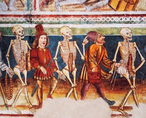 Igreja fortificada de Hrastovlje, Igreja da Trindade, Morte acompanhando comerciante e banqueiro rico, Dança da Morte (1490), detalhe de afrescos de Janez Iz Kastva, Eslovênia