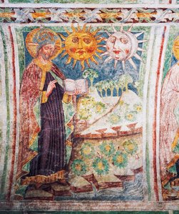 Igreja fortificada de Hrastovlje, Igreja da Trindade, Gênesis, Deus cria sol, lua e estrelas (1490), detalhe de afrescos de Janez Iz Kastva, Eslovênia
