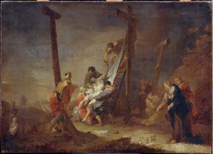 A Descida da Cruz. Na parte inferior da cruz, símbolos da Paixão de Jesus Cristo: pregos, coroa de espinhos e a inscrição INRI (I.N.R.I). Pintura de Johann Rosso Januarius Zick (1730-1797), óleo sobre tela. arte alemã