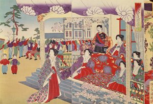 Uma exibição de ginástica antes do imperador de Japanese School