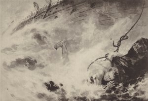 Um marinheiro japonês que vai a terra com uma corda durante um naufrágio (litho) de Japanese School