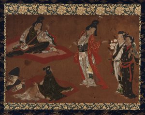 Uma festa de piquenique, rolo de suspensão (montado no painel), início do século 17 (cor e ouro no papel) de Japanese School