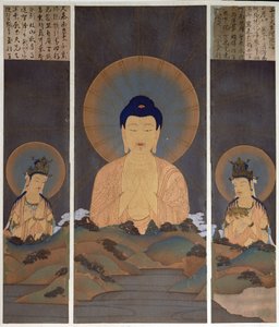 Aparição da Trindade Budista, Buda Amitabha e os seus dois Bodhisattvas, Kannon (Compaixão) e Seishi (Sabedoria) na montanha, ilustração da revista "Kokka", janeiro de 1909 (litografia a cores) de Japanese School