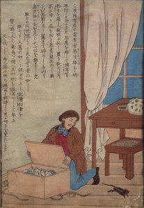 Audubon abrindo sua caixa de aquarelas destruídas por ratos noruegueses, c.1872-77 de Japanese School