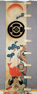 Banner (nobori), detalhe dos motivos dos Sete Deuses da Fortuna, cristas familiares, flor em círculo, em algodão, Tingido em reserva com amido de arroz, com pigmentos, tinta, químicos, tinta, civilização japonesa, período Meiji-Taisho, século XX de Japanese School