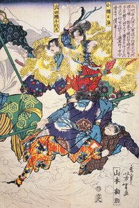 Batalha na neve entre homens com casacos de pele de Japanese School