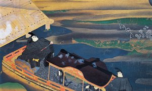 Barco ao luar, de Fujiwara Nobuzane (1176-1265), ilustração do Diário de Murasaki Shikibu, civilização japonesa de Japanese School