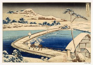 Ponte de barcos em Sawa, 1830, Hokusai Katasushika (1760-1849) (Impressão de bloco de madeira colorida à mão) de Japanese School