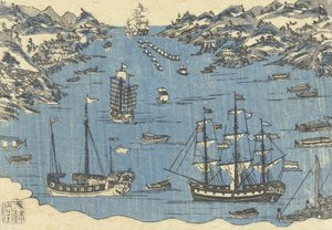 Impressão de Bunkindo de navios estrangeiros no porto de Nagasaki, 1800-50 de Japanese School