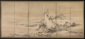 Paisagem chinesa, uma de duas telas de seis vezes de Japanese School