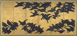 Corvos, início do século 17 (par de seis telas de painel; tinta e ouro no papel) de Japanese School