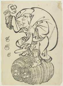 Daikoku Deus dançando em fardos de arroz, de meados ao final do século XVIII (xilogravura) de Japanese School