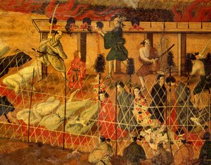 Detalhe de The Martyrdom of the Jesuits in Japan in 1622 (aguarela sobre papel) de Japanese School