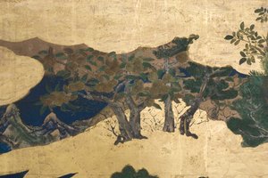 Detalhe da Primavera no Palácio, tela de seis dobras do conto de Genji, c.1650 (tinta, cores e ouro sobre papel) de Japanese School