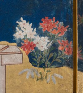 Detalhe da Primavera no Palácio, tela de seis dobras do conto de Genji, c.1650 (tinta, cores e ouro sobre papel) de Japanese School