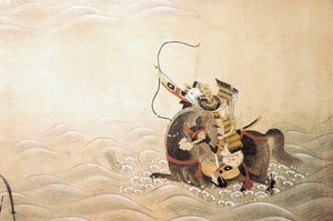 Episódio da Guerra de Genpei (Gen Pei) (1180-1185): um samurai armado com um arco e montado num cavalo atravessa um rio a uma tábua. Arte japonesa da escola Tosa