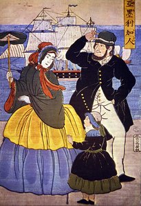 Família europeia na frente do porto de Yokohama pintada por um artista japonês em 1861 de Japanese School