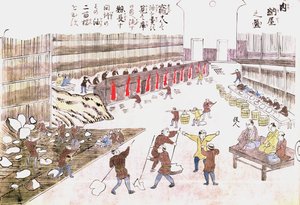 Fábrica para a preparação de produtos de baleia, final do século XIX (gravura a cores) de Japanese School