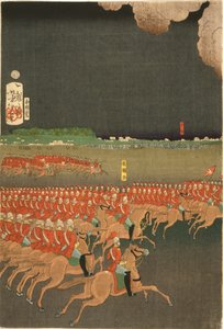 Tropas francesas e britânicas envolvidas em manobras de treino militar, Yokohama, Japão. Exercício de cavalaria britânica. Parte do tríptico de Taiso Yoshitoshi (1839-1892) artista japonês Ukiyo-e. Cavalo de Japanese School