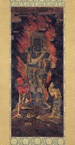 Fudo Myoo e Dois Assistentes (tinta e cor sobre seda) de Japanese School