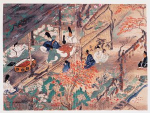 O estadista e poeta Heian Sugawara Michizane (845-903), conhecido como Tenjin-San (espírito celestial), exilado no santuário Kitano Tenman-Gu em Kyoto dividindo roupas doadas pelo ex-imperador Fujiwara Nobuzane (1176-1268), Kamakura período (1185-1333), Ja de Japanese School