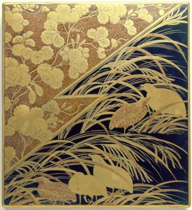 Caixa de pedra-tinta com desenho de erva-dos-pampas e codorniz, período Edo, c.1630 (madeira lacada com ouro, pedra-tinta e prata) de Japanese School
