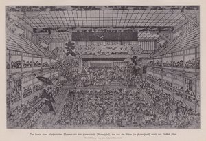 Interior de um teatro tradicional japonês Kabuki mostrando o Hanamichi correndo através do público desde o fundo do teatro até o palco (litho) de Japanese School