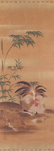Kakemono japonês de um galo, uma galinha e pintos (tinta e dourado sobre papel) de Japanese School