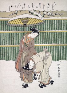 Amantes japoneses andando na neve, pub. C. 1768 de Japanese School