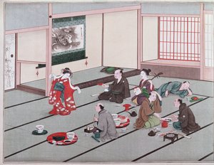 Japonês comendo, bebendo e se divertindo na casa de chá (wc) de Japanese School