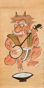 Kakemono representando um demônio jogando o shamisen (tinta e cor no rolo de papel) de Japanese School