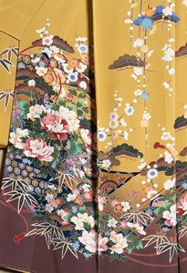 Kimono Furisode (mangas de bilhar) usado por jovens solteiras em ocasiões elegantes e Maiko (Geisha aprendiz), seda lisa, motivos florais, fitas flutuantes, tingimento Kaga-Yuzen, moinhos de tecelagem Tokamachi, civilização japonesa, século XX de Japanese School
