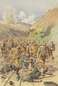 O Tenente Takagi pede autorização ao seu Comandante de Brigada para avançar (chromolitho) de Japanese School