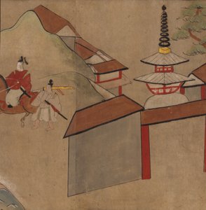 Homem a cavalgar perto de pagode, ilustração do 