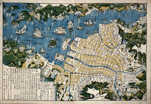 Mapa de Nagasaki, Japão, c.1868 (xilogravura a cores) de Japanese School