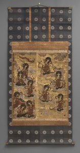 Pintura mural: Descendência de vinte e cinco
bodhisattvas (tratadores da tríade Amitabha),
Século XVIII (Tríptico pergaminhos suspensos: tinta, cor e ouro
folha sobre papel, latão) de Japanese School