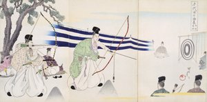 Nobres praticantes de tiro com arco, de um álbum de xilogravuras (print xilogravura a cores) de Japanese School
