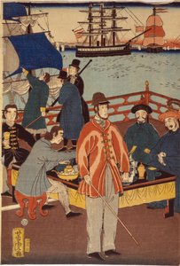 Uma impressão do tríptico mostrando comerciantes europeus a tomar um refresco com japoneses. No fundo estão navios no porto de Yokohama, Japão de Japanese School