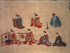 Ou.961 fol.5 Sete músicos sentados, das actuações musicais de Ryukyu, c.1800-50 (caneta e tinta e aguarela sobre papel) de Japanese School