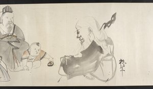 Ou. 14872, f.30 Dois adultos e uma criança, de Yoshida Seisai (rolo de mão) de Japanese School